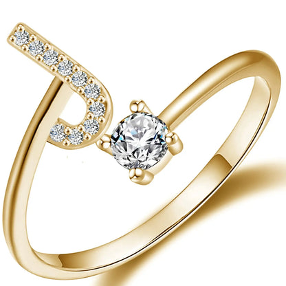 Initial Letter Ring for Women Girls Gold Stackable Alphabet Rings with Initial Adjustable Crystal Inlaid Initial Rings