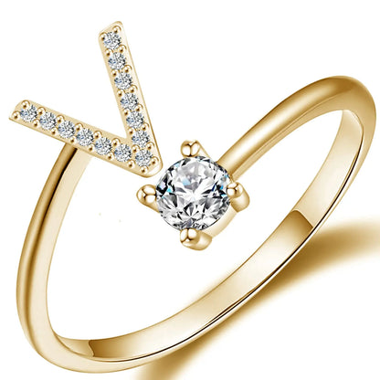 Initial Letter Ring for Women Girls Gold Stackable Alphabet Rings with Initial Adjustable Crystal Inlaid Initial Rings