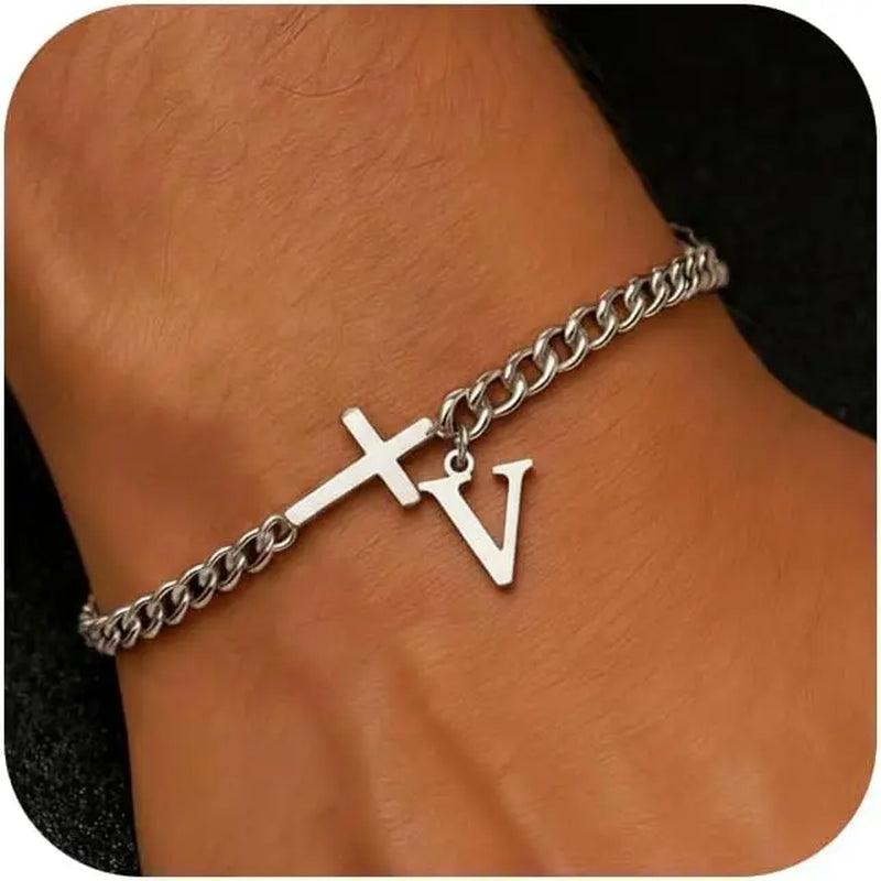 Men Cross Cuban Chain Bracelets for Men Initial A-Z Faith Cross Bracelets, Stainless Steel Initial Bracelet Religious Jewelry