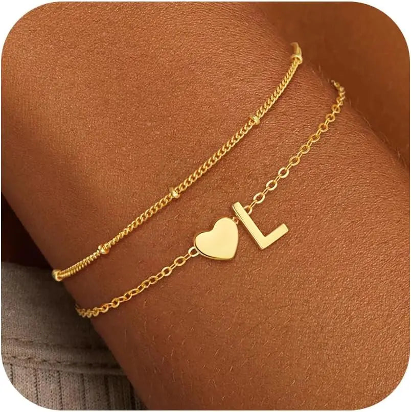 Initial Bracelets for Women Girls Waterproof 18K Gold Plated Stainless Steel Heart Initial Bracelet Trendy Stuff Jewelry Gifts