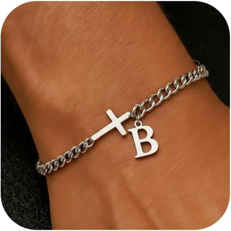 Men Cross Cuban Chain Bracelets for Men Initial A-Z Faith Cross Bracelets, Stainless Steel Initial Bracelet Religious Jewelry