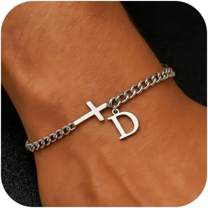 Men Cross Cuban Chain Bracelets for Men Initial A-Z Faith Cross Bracelets, Stainless Steel Initial Bracelet Religious Jewelry