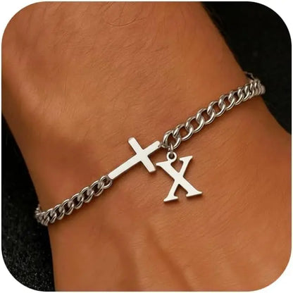 Men Cross Cuban Chain Bracelets for Men Initial A-Z Faith Cross Bracelets, Stainless Steel Initial Bracelet Religious Jewelry