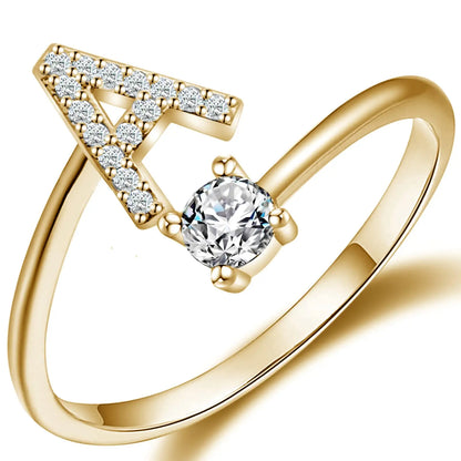 Initial Letter Ring for Women Girls Gold Stackable Alphabet Rings with Initial Adjustable Crystal Inlaid Initial Rings
