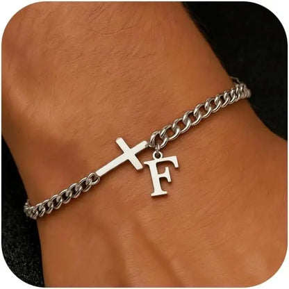 Men Cross Cuban Chain Bracelets for Men Initial A-Z Faith Cross Bracelets, Stainless Steel Initial Bracelet Religious Jewelry