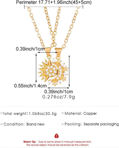 Sun Moon Necklace Set Stackable Necklace for Women Men Sparkling Gold Silver Rhinestone Sun Pendant Necklace Couple Necklaces Matching Necklaces as Friendship Best Friend Jewelry for Women Men