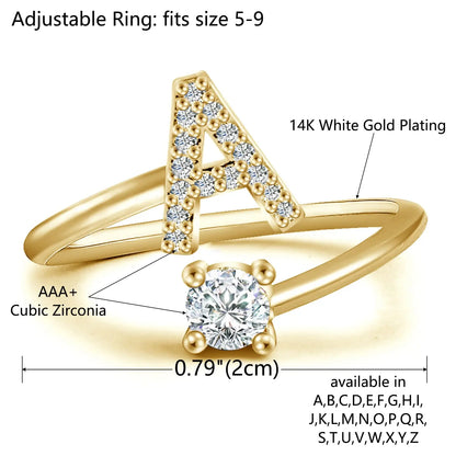 Initial Letter Ring for Women Girls Gold Stackable Alphabet Rings with Initial Adjustable Crystal Inlaid Initial Rings