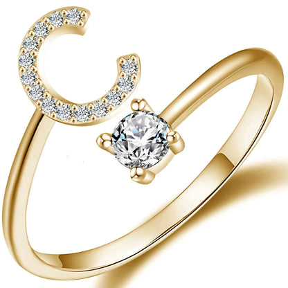 Initial Letter Ring for Women Girls Gold Stackable Alphabet Rings with Initial Adjustable Crystal Inlaid Initial Rings