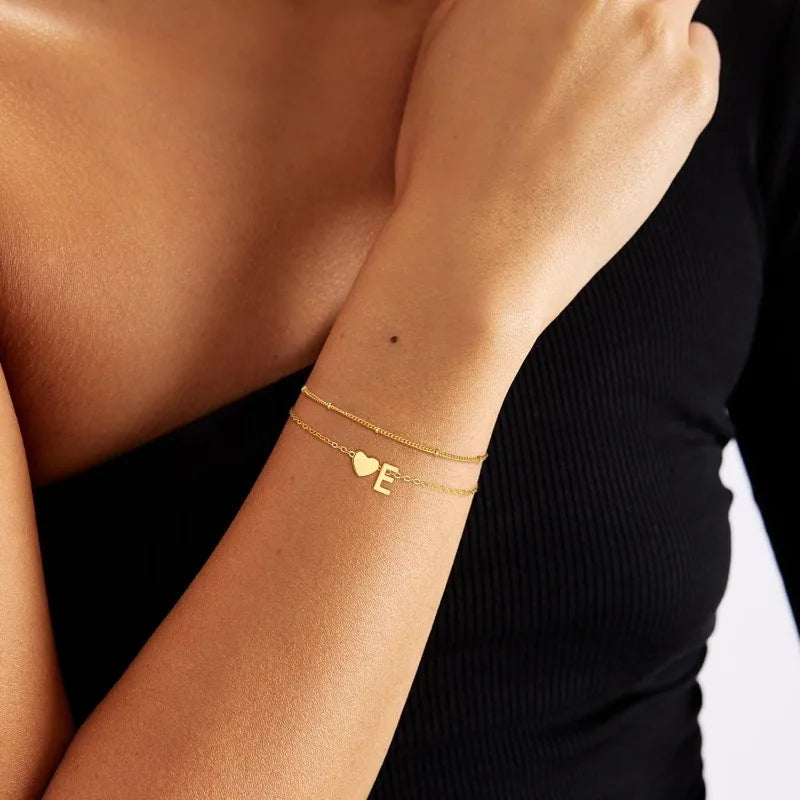 Initial Bracelets for Women Girls Waterproof 18K Gold Plated Stainless Steel Heart Initial Bracelet Trendy Stuff Jewelry Gifts