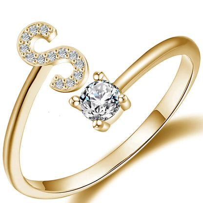Initial Letter Ring for Women Girls Gold Stackable Alphabet Rings with Initial Adjustable Crystal Inlaid Initial Rings
