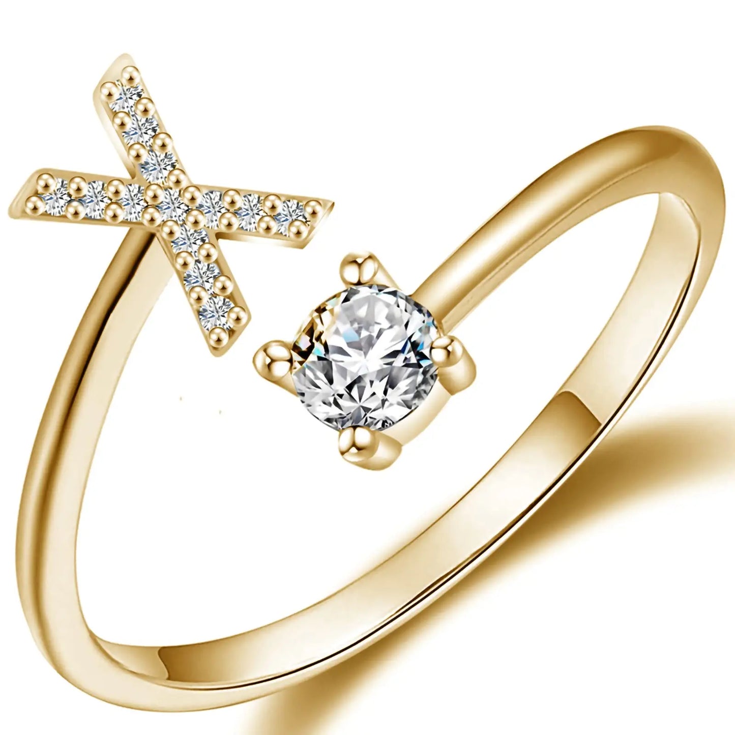 Initial Letter Ring for Women Girls Gold Stackable Alphabet Rings with Initial Adjustable Crystal Inlaid Initial Rings