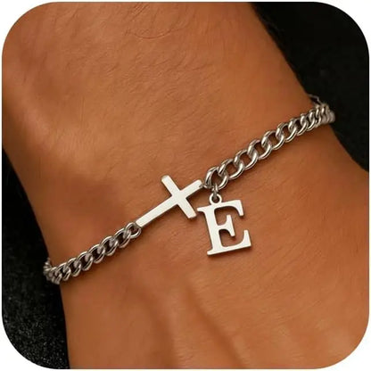Men Cross Cuban Chain Bracelets for Men Initial A-Z Faith Cross Bracelets, Stainless Steel Initial Bracelet Religious Jewelry
