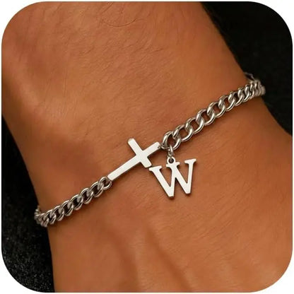 Men Cross Cuban Chain Bracelets for Men Initial A-Z Faith Cross Bracelets, Stainless Steel Initial Bracelet Religious Jewelry