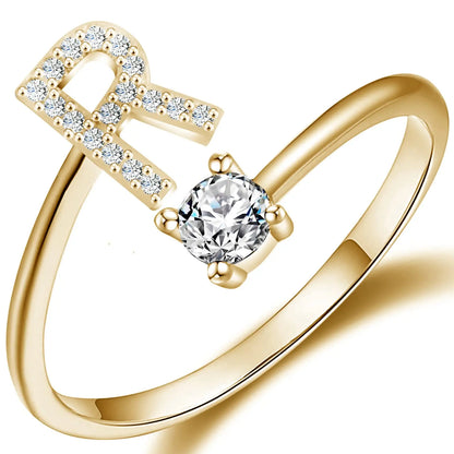 Initial Letter Ring for Women Girls Gold Stackable Alphabet Rings with Initial Adjustable Crystal Inlaid Initial Rings