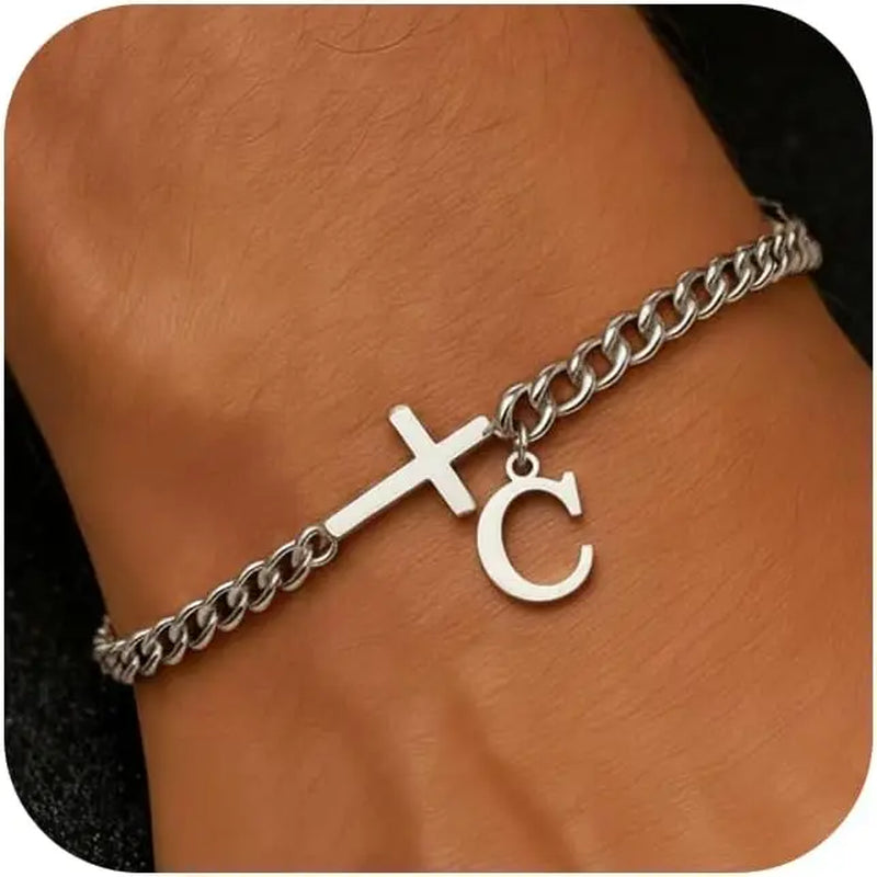Men Cross Cuban Chain Bracelets for Men Initial A-Z Faith Cross Bracelets, Stainless Steel Initial Bracelet Religious Jewelry