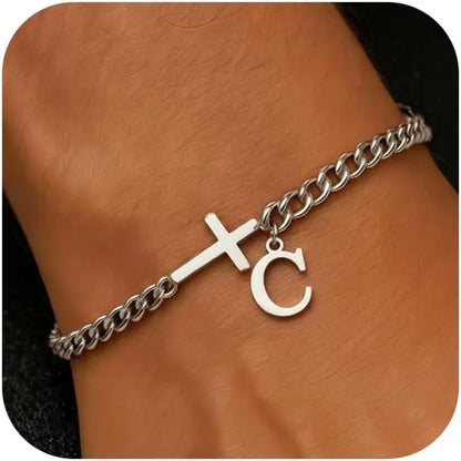 Men Cross Cuban Chain Bracelets for Men Initial A-Z Faith Cross Bracelets, Stainless Steel Initial Bracelet Religious Jewelry