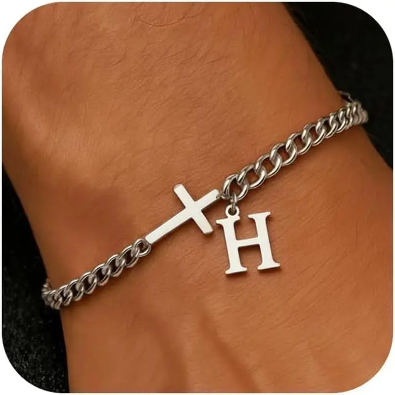 Men Cross Cuban Chain Bracelets for Men Initial A-Z Faith Cross Bracelets, Stainless Steel Initial Bracelet Religious Jewelry