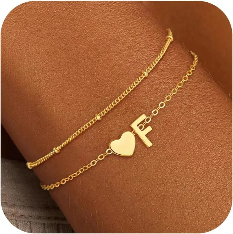 Initial Bracelets for Women Girls Waterproof 18K Gold Plated Stainless Steel Heart Initial Bracelet Trendy Stuff Jewelry Gifts