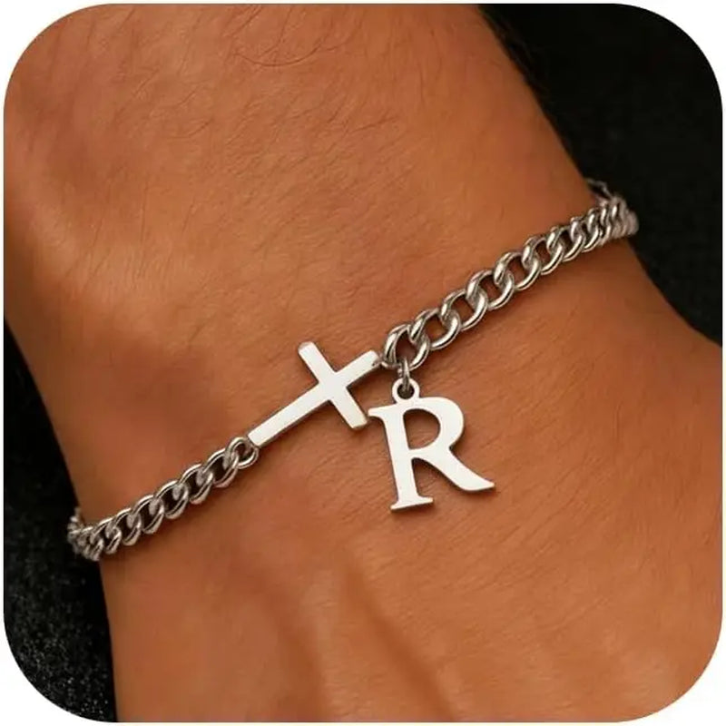 Men Cross Cuban Chain Bracelets for Men Initial A-Z Faith Cross Bracelets, Stainless Steel Initial Bracelet Religious Jewelry