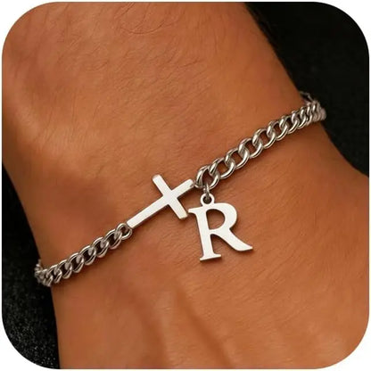 Men Cross Cuban Chain Bracelets for Men Initial A-Z Faith Cross Bracelets, Stainless Steel Initial Bracelet Religious Jewelry