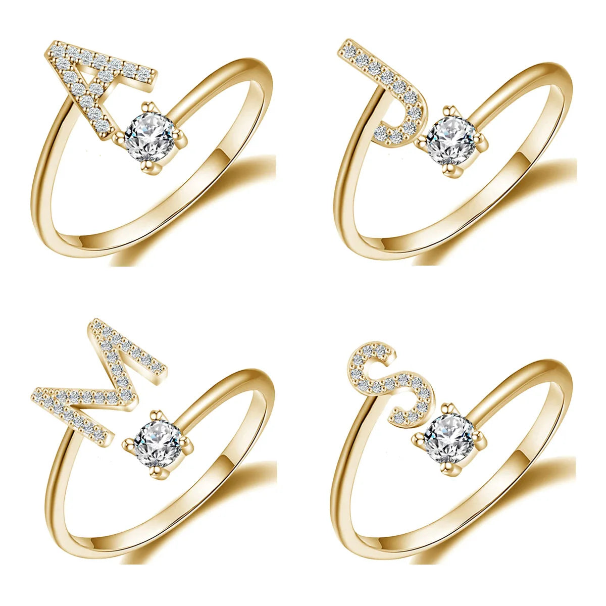 Initial Letter Ring for Women Girls Gold Stackable Alphabet Rings with Initial Adjustable Crystal Inlaid Initial Rings