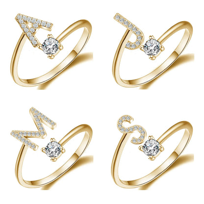 Initial Letter Ring for Women Girls Gold Stackable Alphabet Rings with Initial Adjustable Crystal Inlaid Initial Rings