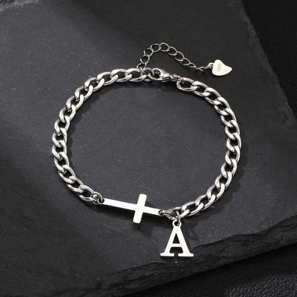 Men Cross Cuban Chain Bracelets for Men Initial A-Z Faith Cross Bracelets, Stainless Steel Initial Bracelet Religious Jewelry