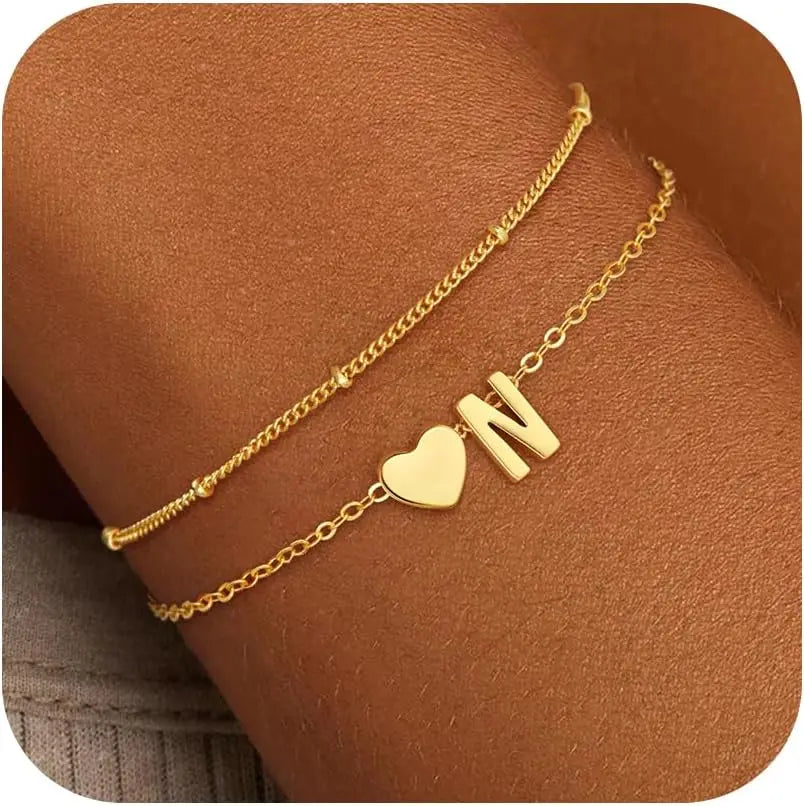Initial Bracelets for Women Girls Waterproof 18K Gold Plated Stainless Steel Heart Initial Bracelet Trendy Stuff Jewelry Gifts