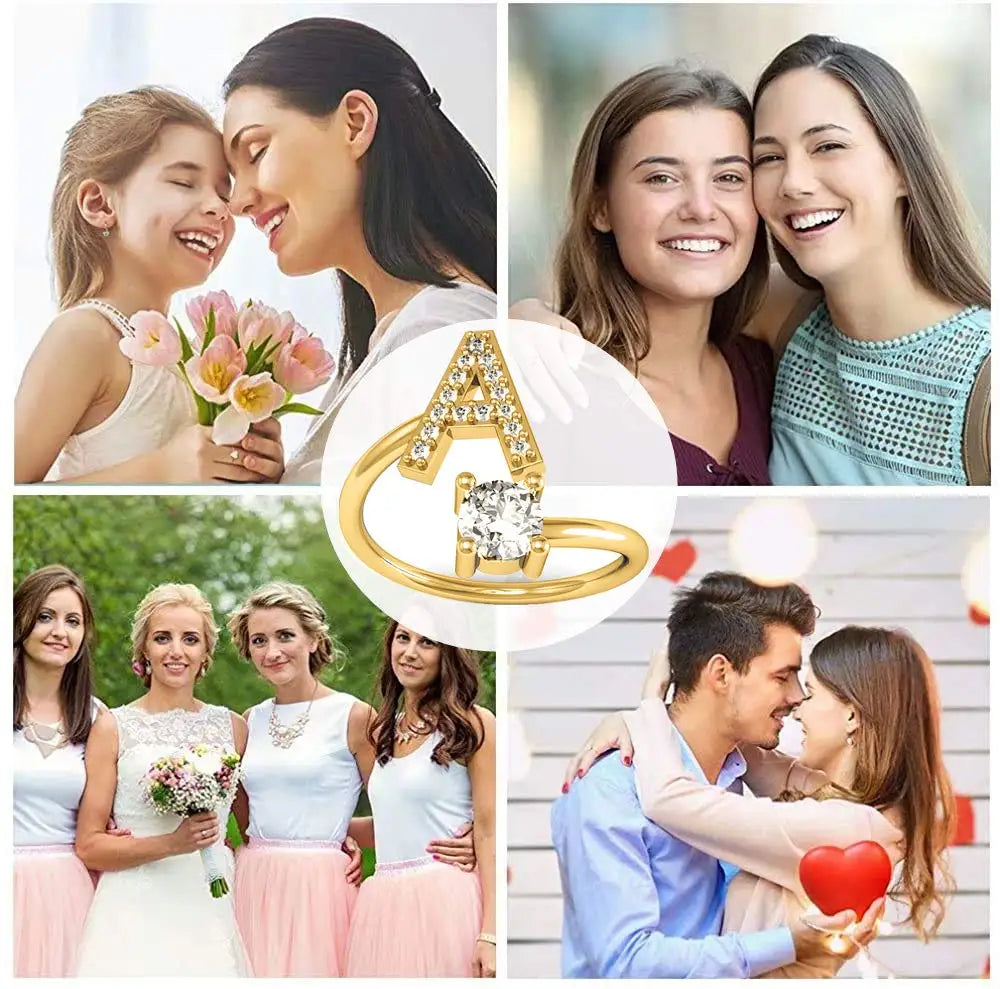 Initial Letter Ring for Women Girls Gold Stackable Alphabet Rings with Initial Adjustable Crystal Inlaid Initial Rings