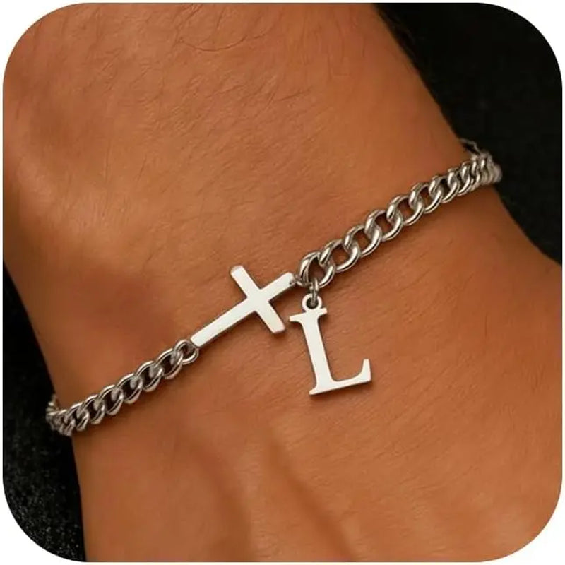 Men Cross Cuban Chain Bracelets for Men Initial A-Z Faith Cross Bracelets, Stainless Steel Initial Bracelet Religious Jewelry