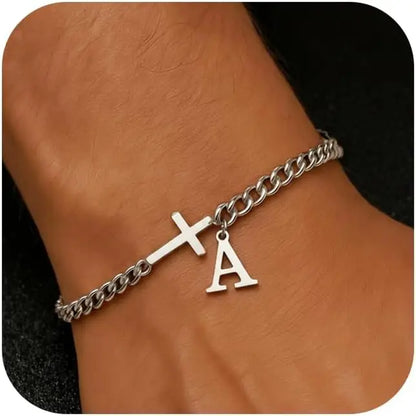 Men Cross Cuban Chain Bracelets for Men Initial A-Z Faith Cross Bracelets, Stainless Steel Initial Bracelet Religious Jewelry