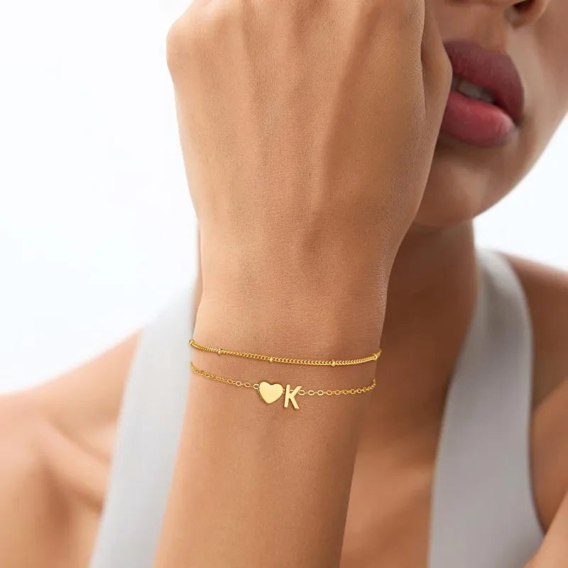 Initial Bracelets for Women Girls Waterproof 18K Gold Plated Stainless Steel Heart Initial Bracelet Trendy Stuff Jewelry Gifts