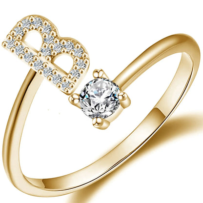 Initial Letter Ring for Women Girls Gold Stackable Alphabet Rings with Initial Adjustable Crystal Inlaid Initial Rings