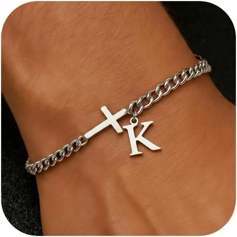 Men Cross Cuban Chain Bracelets for Men Initial A-Z Faith Cross Bracelets, Stainless Steel Initial Bracelet Religious Jewelry
