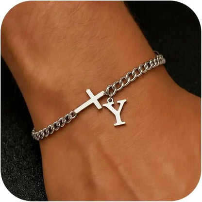 Men Cross Cuban Chain Bracelets for Men Initial A-Z Faith Cross Bracelets, Stainless Steel Initial Bracelet Religious Jewelry