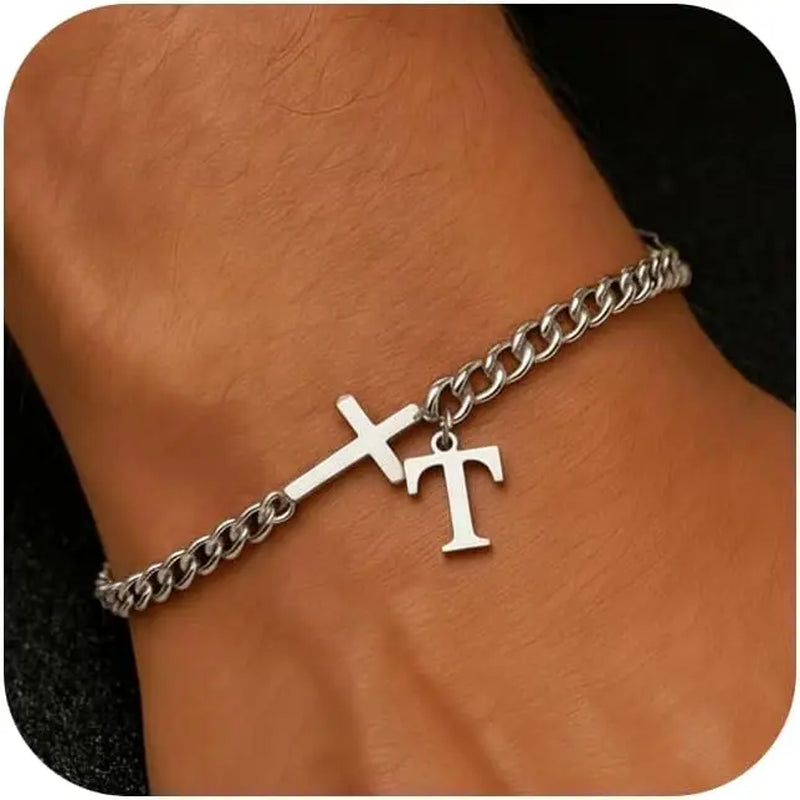 Men Cross Cuban Chain Bracelets for Men Initial A-Z Faith Cross Bracelets, Stainless Steel Initial Bracelet Religious Jewelry
