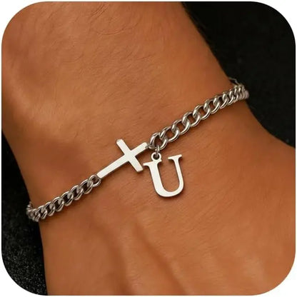 Men Cross Cuban Chain Bracelets for Men Initial A-Z Faith Cross Bracelets, Stainless Steel Initial Bracelet Religious Jewelry