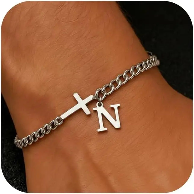 Men Cross Cuban Chain Bracelets for Men Initial A-Z Faith Cross Bracelets, Stainless Steel Initial Bracelet Religious Jewelry