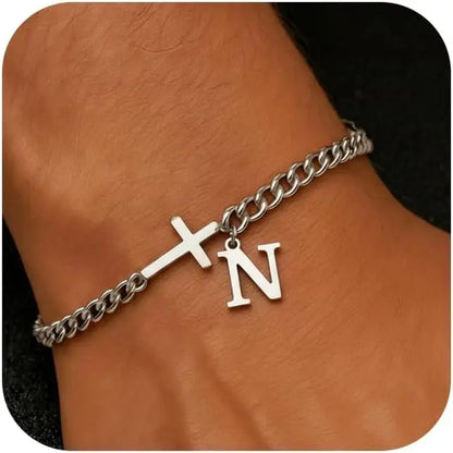 Men Cross Cuban Chain Bracelets for Men Initial A-Z Faith Cross Bracelets, Stainless Steel Initial Bracelet Religious Jewelry