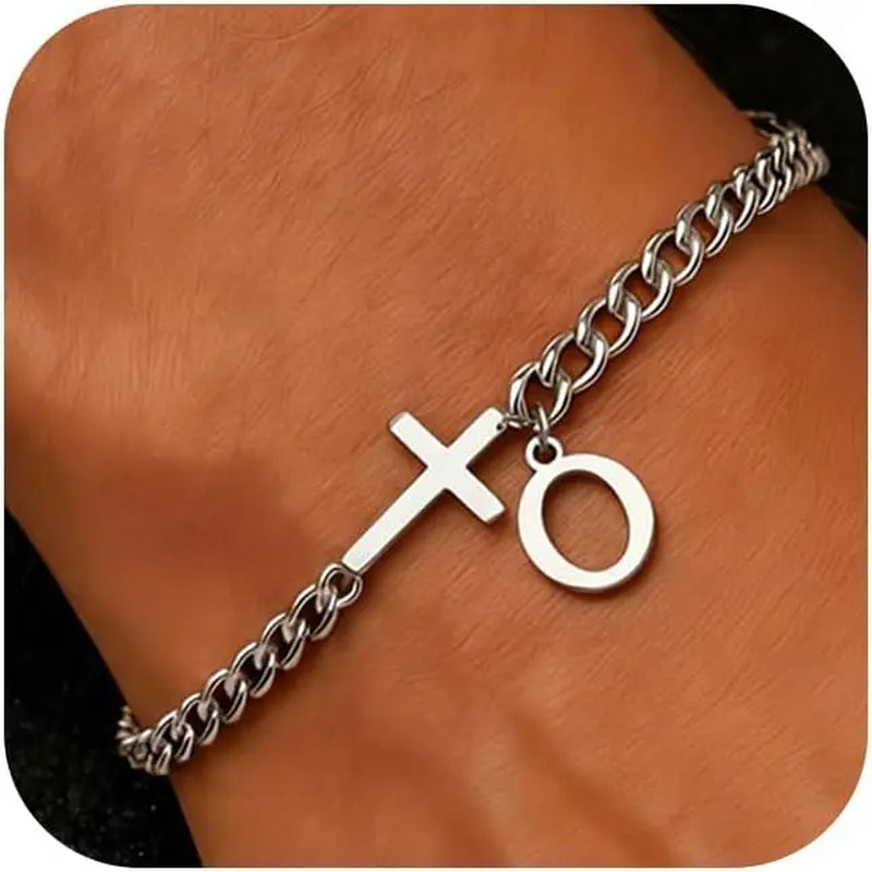 Men Cross Cuban Chain Bracelets for Men Initial A-Z Faith Cross Bracelets, Stainless Steel Initial Bracelet Religious Jewelry