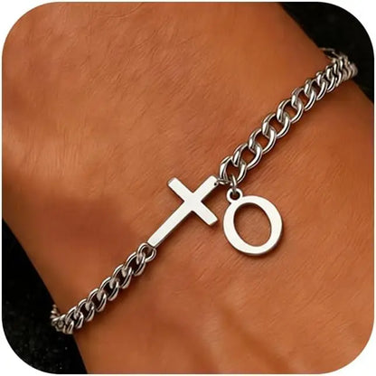 Men Cross Cuban Chain Bracelets for Men Initial A-Z Faith Cross Bracelets, Stainless Steel Initial Bracelet Religious Jewelry