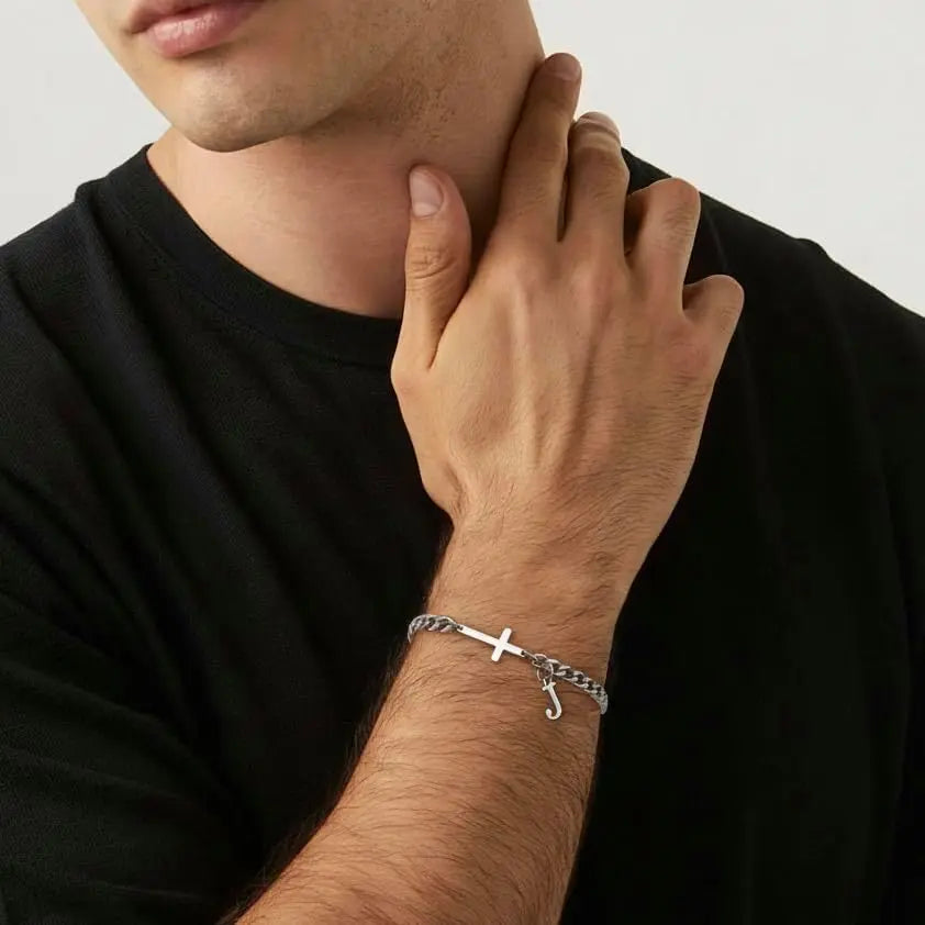 Men Cross Cuban Chain Bracelets for Men Initial A-Z Faith Cross Bracelets, Stainless Steel Initial Bracelet Religious Jewelry