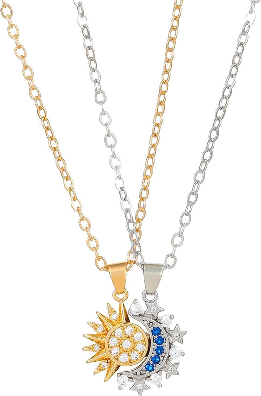 Sun Moon Necklace Set Stackable Necklace for Women Men Sparkling Gold Silver Rhinestone Sun Pendant Necklace Couple Necklaces Matching Necklaces as Friendship Best Friend Jewelry for Women Men