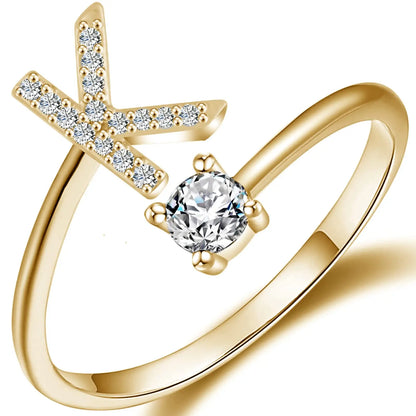 Initial Letter Ring for Women Girls Gold Stackable Alphabet Rings with Initial Adjustable Crystal Inlaid Initial Rings