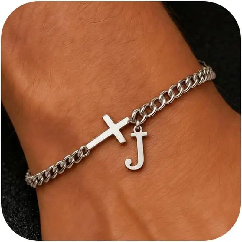 Men Cross Cuban Chain Bracelets for Men Initial A-Z Faith Cross Bracelets, Stainless Steel Initial Bracelet Religious Jewelry