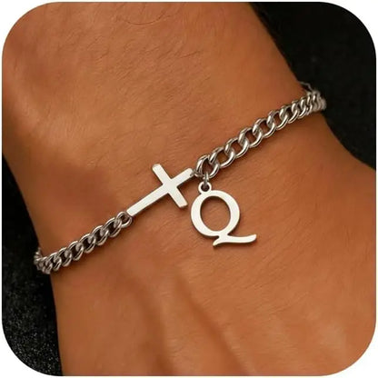 Men Cross Cuban Chain Bracelets for Men Initial A-Z Faith Cross Bracelets, Stainless Steel Initial Bracelet Religious Jewelry