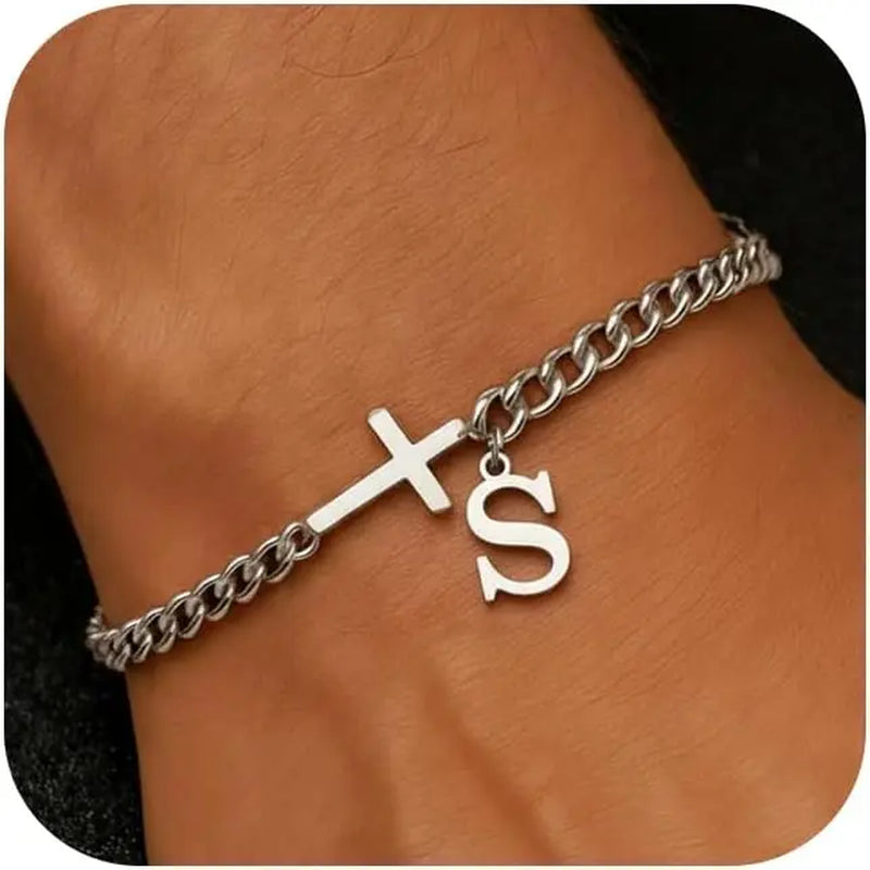 Men Cross Cuban Chain Bracelets for Men Initial A-Z Faith Cross Bracelets, Stainless Steel Initial Bracelet Religious Jewelry