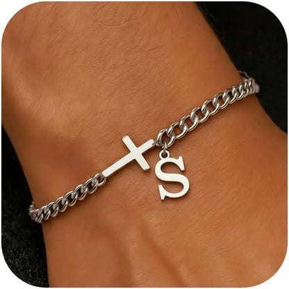 Men Cross Cuban Chain Bracelets for Men Initial A-Z Faith Cross Bracelets, Stainless Steel Initial Bracelet Religious Jewelry