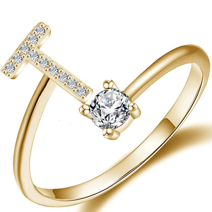 Initial Letter Ring for Women Girls Gold Stackable Alphabet Rings with Initial Adjustable Crystal Inlaid Initial Rings