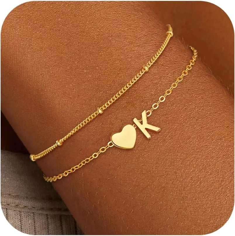 Initial Bracelets for Women Girls Waterproof 18K Gold Plated Stainless Steel Heart Initial Bracelet Trendy Stuff Jewelry Gifts